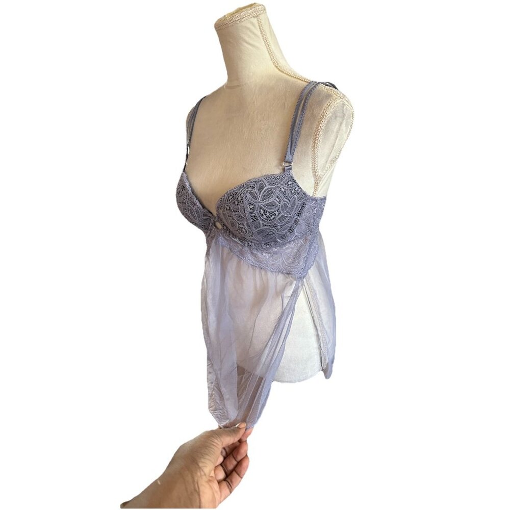 Victoria’s Secret Lace Lingerie Babydoll Top Padded Open Back Sheer Lilac 36C - Picture 4 of 13